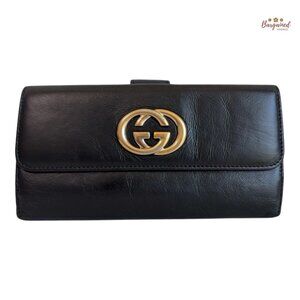 Authentic GUCCI Black Calfskin Gold Interlocking G Britt Continental Long Wallet